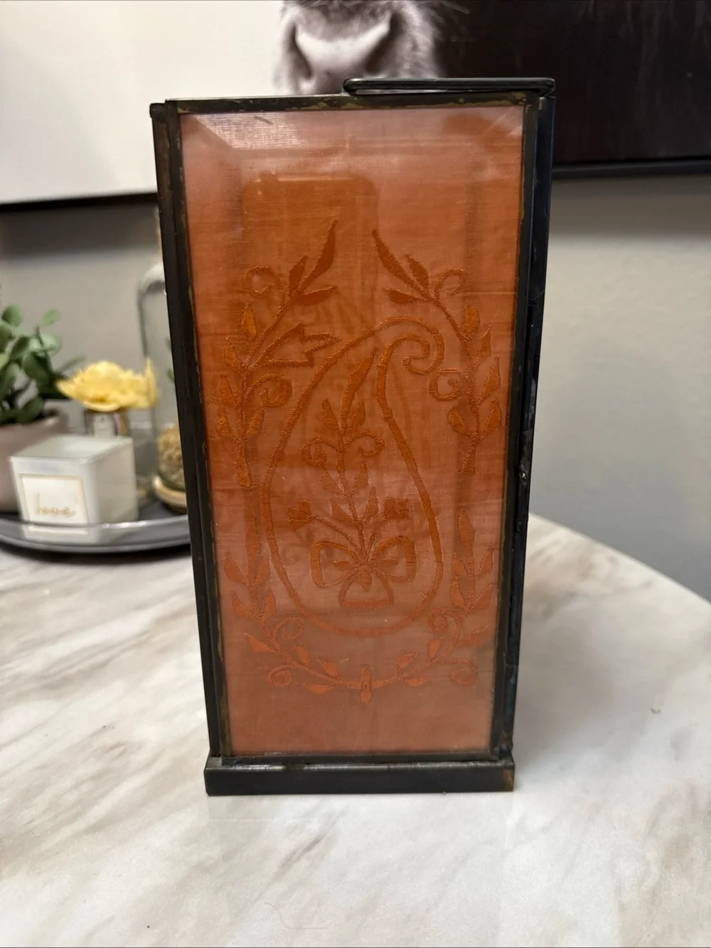 Square lantern paper thin stitching inside glass